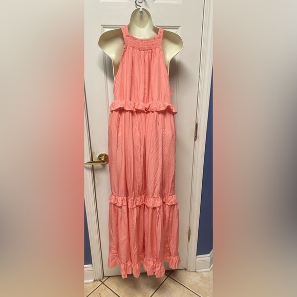 Women’s Halter Midi Dress Sz L Peach Tiered Rayon Blend Sheer  Beach Sundress - Picture 2 of 8